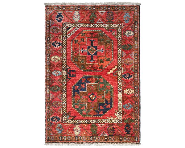 3x4 Red Ersari Afghan Hand Knotted Veg Dye Wool Area Rug